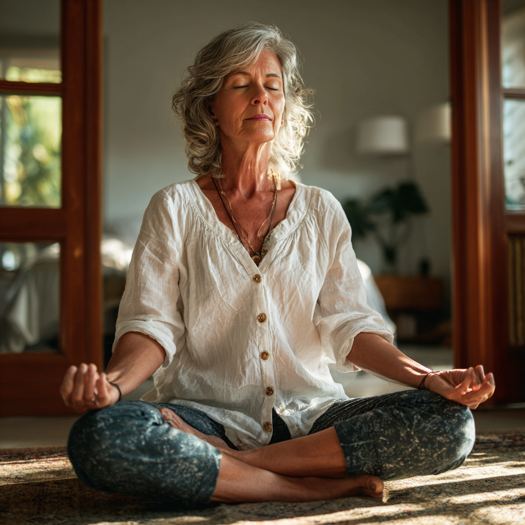 Adult woman in comfortable meditation pose during morning yoga session