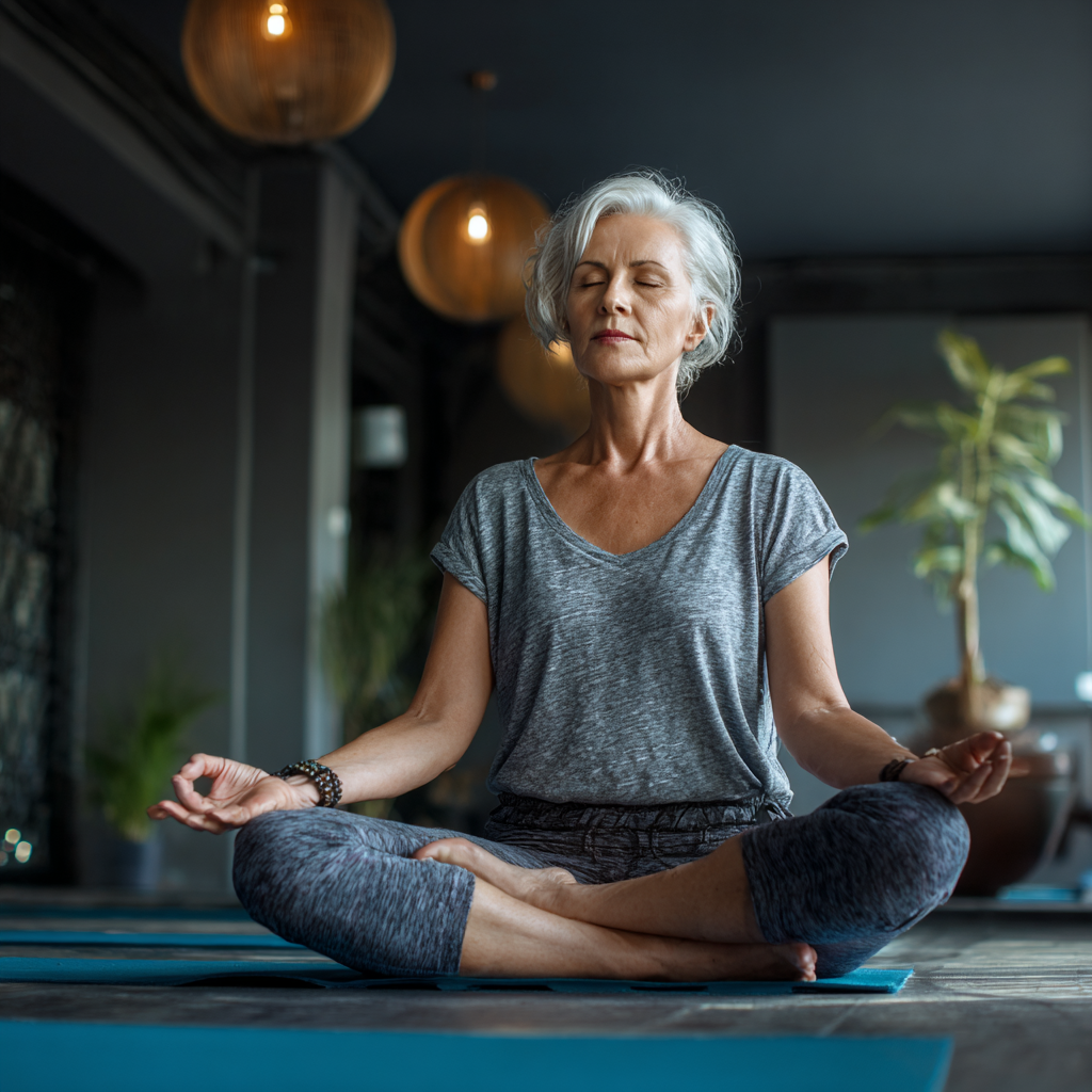 Mature woman practicing gentle yoga poses in peaceful studio environment