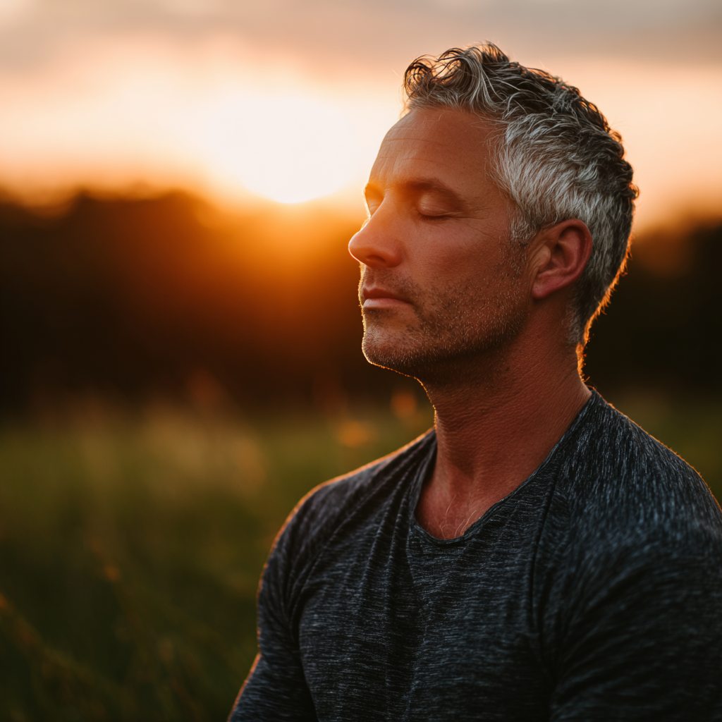 Middle-aged man in peaceful meditation pose during evening yoga practice